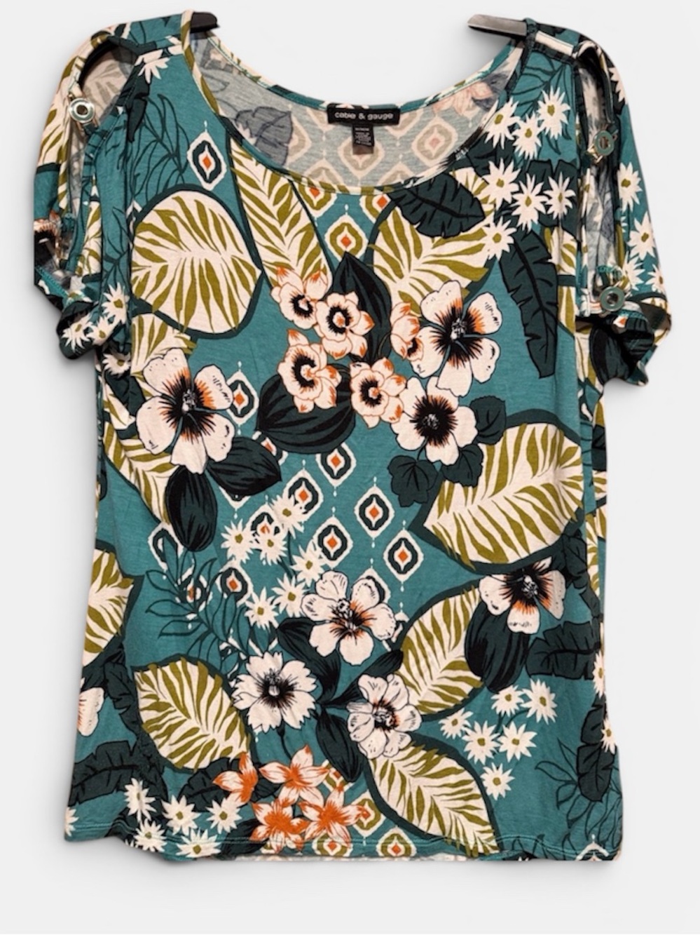Cable & Gauge Teal Tropical Floral Cold-Shoulder Top